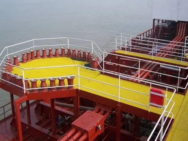 FRP grating process platform on a marine vessel deck with corrosion-resistant finish