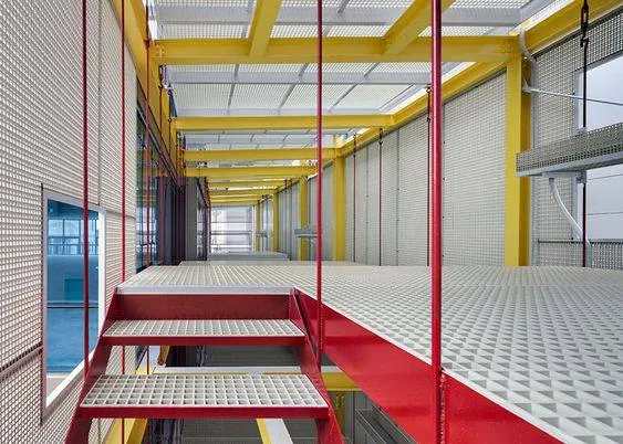 FRP platform walkway with handrail and stair access for a pharmaceutical mezzanine level